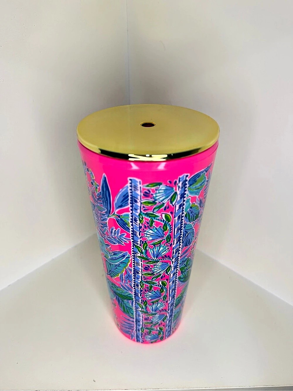Lilly Pulitzer Floral Pink & Blue Tumbler with Gold-Tone Lid